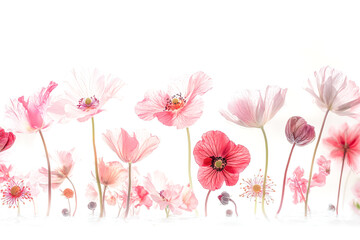 Row of colorful flowers with a white background. The flowers are arranged in a line, with each one a different color. Scene is bright and cheerful, with the flowers representing the beauty