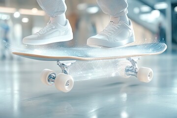 A smart skateboard performing a trick with glowing futuristic effects and white sneakers, placed on a glossy surface with copyspace

