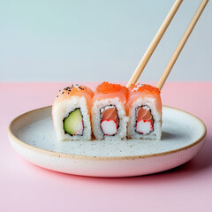 A vibrant plate of sushi rolls featuring colorful ingredients, elegantly presented with chopsticks on a soft pink background.