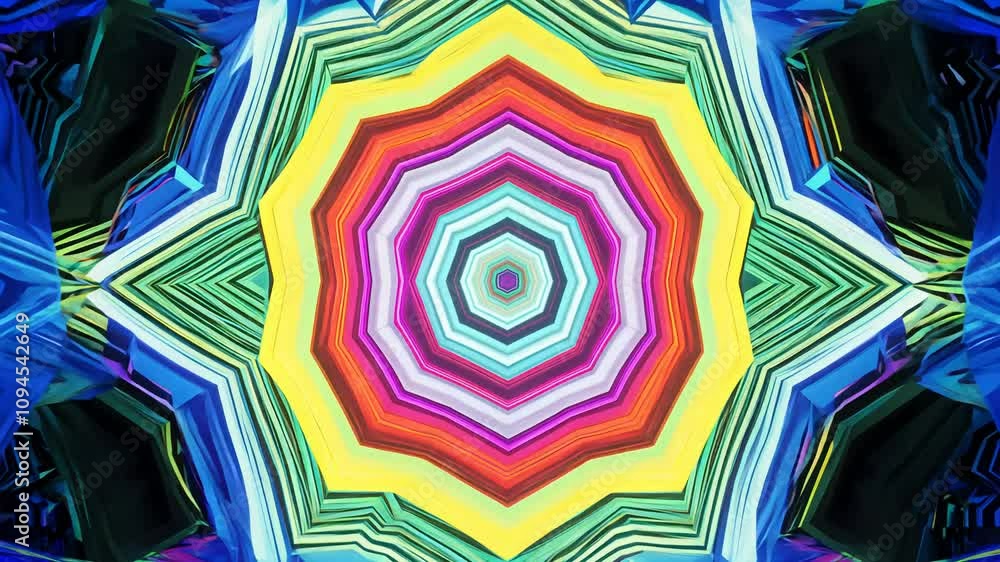 Poster vibrant kaleidoscope video rotating around a central point, featuring geometric patterns shifting in