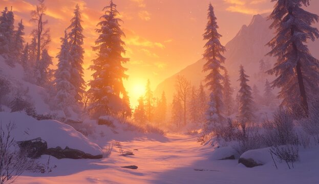 Beautiful winter forest landscape in a sunny day with icily snowy fir trees glowing in the sunlight. This is a winter holiday concept. It is a travel day. It is a wonderland in winter. Amazing nature