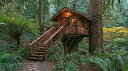 A charming treehouse nestled in a lush forest, featuring a wooden staircase and warm lighting.