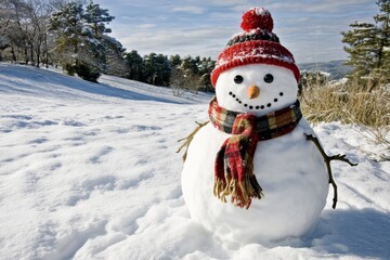 Fototapeta premium An adorable snowman in a stylish hat and yellow scalf on a snowy field. Merry Christmas and a happy new year!