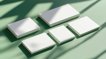 Flat lay of five white rectangular business card mockups with soft shadows on a green, diagonally divided background, showcasing various orientations and sizes.