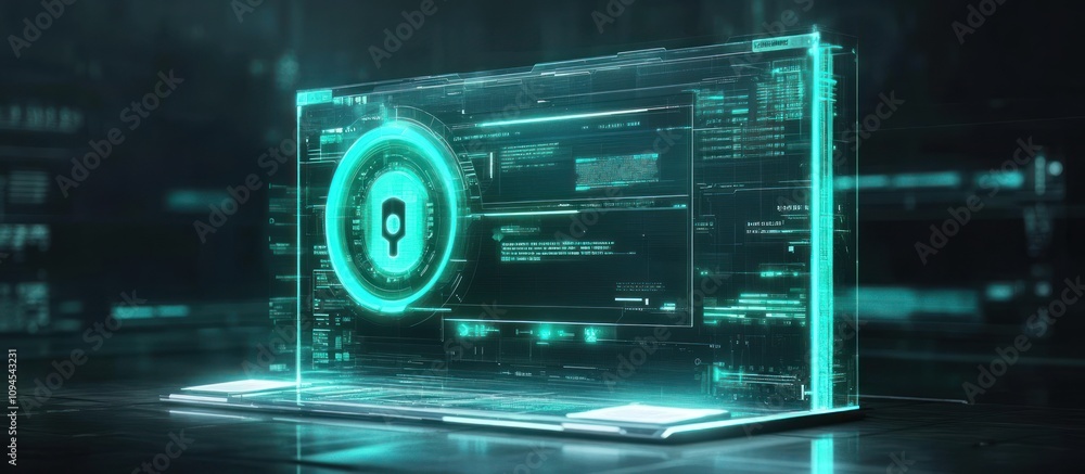 Poster futuristic digital security interface with a glowing keyhole symbol.