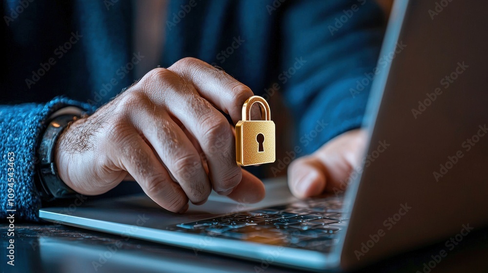 Poster secure digital access with padlock on laptop computer