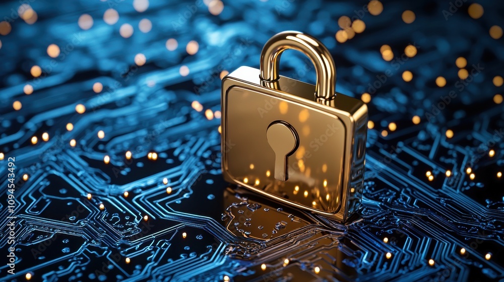 Poster digital padlock on circuit board symbolizing cybersecurity and data protection