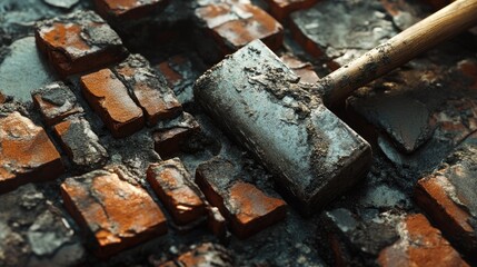 Construction worker assembling brick walls, applying mortar, and using a rubber hammer amidst a textured surface of wet bricks and mortar.