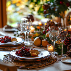 A beautifully set dining table adorned with fruits, candles, and elegant glassware, creating a warm and inviting atmosphere for a special gathering.
