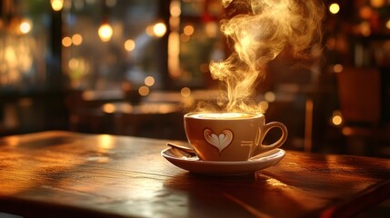 A steaming cup of coffee with latte art on a wooden table, cozy coffee shop atmosphere