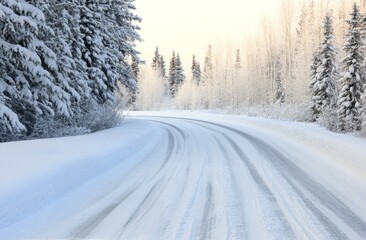 Obraz premium Snowy winding road through quiet forest landscape in winter season