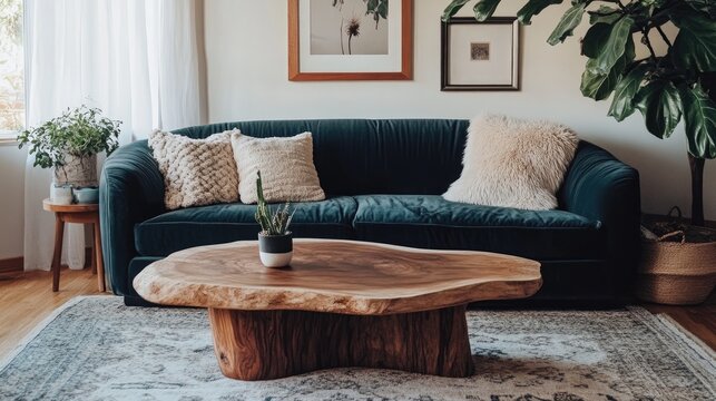 Cozy living room with a curved velvet sofa, plush pillows, and a live edge wooden coffee table, warmly illuminated by natural light.