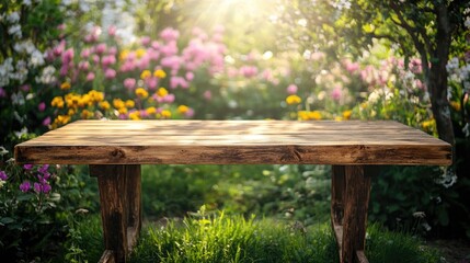 Rustic wooden table in a vibrant spring garden filled with colorful flowers and soft sunlight filtering through the trees.