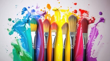 Vibrant paintbrushes arranged in a row against a colorful spectrum of paint splashes, highlighting the essence of creativity and artistic expression.