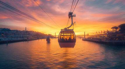 Fototapeta premium A busy urban cable car gliding above a waterfront promenade during a vibrant sunset.