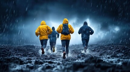 Obraz premium Adventurous Group Trekking Through Stormy Wilderness on Challenging Trail