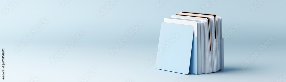 Poster a stack of blank cards oriented vertically against a light blue background, focusing on minimalism a