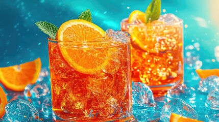 Refreshing chilled orange beverage with ice, garnished with orange slices and mint, set against a bright turquoise background.