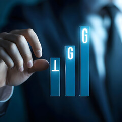 A business professional's hand reaches towards rising bar graphs, symbolizing growth and success in a corporate environment.