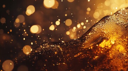 Close-up of shimmering bubbles in textured liquid, creating a captivating golden beer backdrop with...