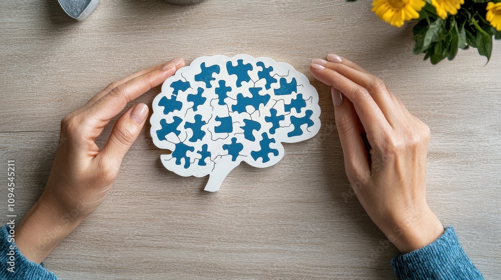 Poster puzzle pieces forming a brain visualizing creative thinking and problem solving
