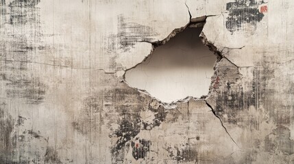 Fototapeta premium Cracked wall with a prominent broken section revealing a stark white void, showcasing aged textures and intricate surface details.