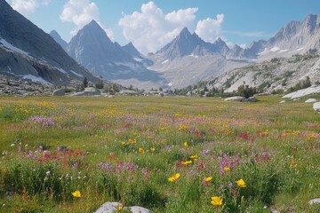 Obraz premium A vibrant alpine meadow filled with wildflowers, framed by majestic mountain peaks.