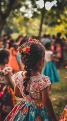 Obraz premium Children dance joyfully in colorful dresses during a festive community celebration in El Salvador