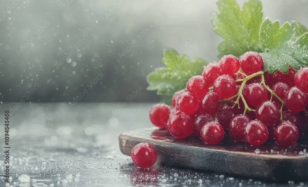Poster fresh red currants arranged artistically on a rustic table with a soft blurry background