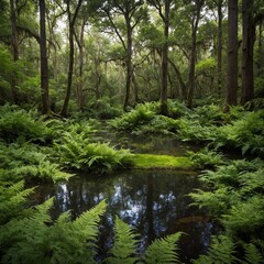 Obraz premium A tranquil forest clearing with a small pond, surrounded by towering oak trees and vibrant green ferns.