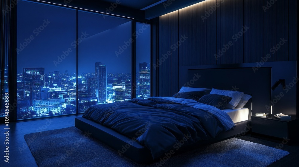 Poster a bedroom with a large bed and a window overlooking a city at night. the room is dimly lit, creating