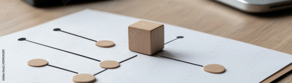 Poster a wooden cube stands out on a paper grid, symbolizing strategy, problem-solving, or creativity in a 