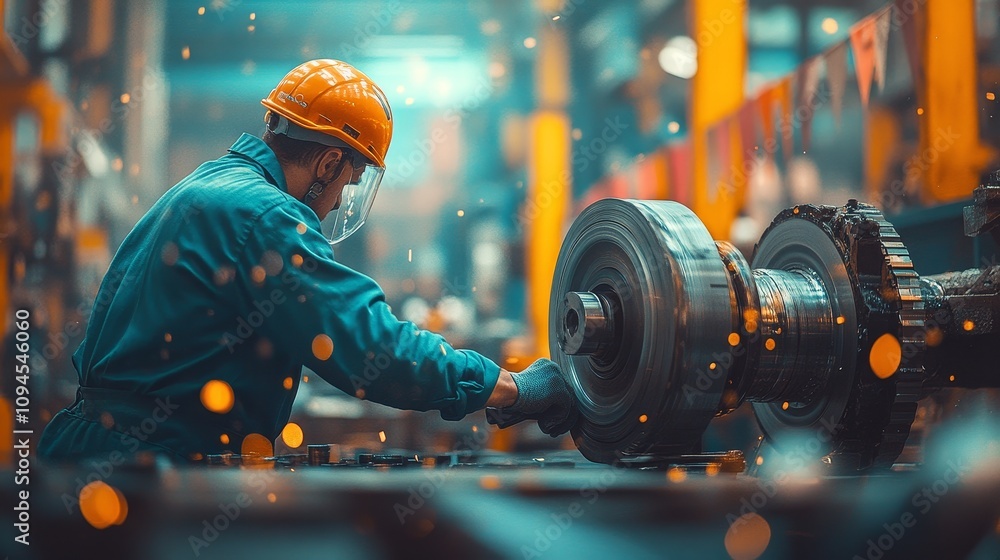 Poster a factory worker inspecting a large machine part
