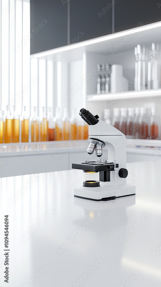 Poster exploring the intricate world of microscopy in a modern laboratory with vibrant test tubes in view