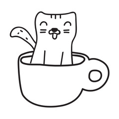 Cat sitting in a coffee cup. Vector graphic design. Outline icon. Illustration on white background.