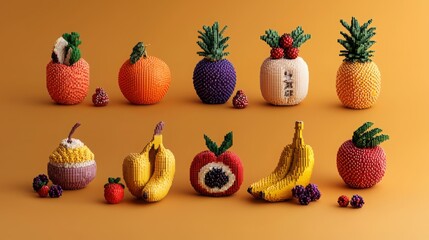 Creative fruit sculptures studio art display vibrant colors close-up