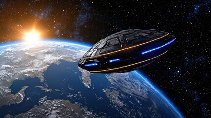 Futuristic Spacecraft Flying Over Earth in Starry Galaxy