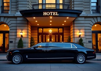 Luxurious black limousine parked in front of an elegant hotel at dusk in a bustling city