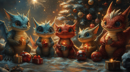 Adorable Baby Dragons with Christmas Gifts Under a Festive Tree