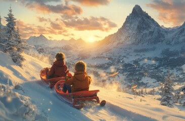 Concept of childhood, sledging, and winter in the mountains - happy kids sliding down a snow hill during winter