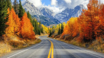 Naklejka premium Winding highway through vibrant autumn foliage with towering mountains under a partly cloudy sky