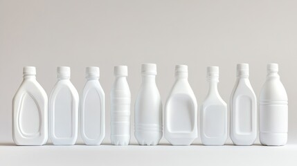 Variety of white plastic bottles arranged in a line on a minimalist white background, showcasing different shapes and sizes of containers.