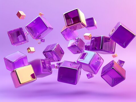 A vibrant arrangement of floating purple glass cubes with reflective surfaces.
