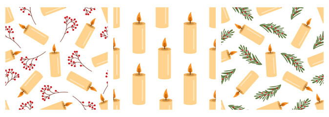 Seamless patterns with candles and Christmas greenery