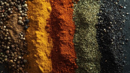 Variety of Vibrant Spices Displayed in Piles Including Pepper, Turmeric, Thyme, Paprika, and Cumin on Dark Background