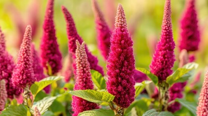 Tall clusters of vibrant amaranth flowers in a lush blooming field, showcasing rich magenta hues against a soft green backdrop.