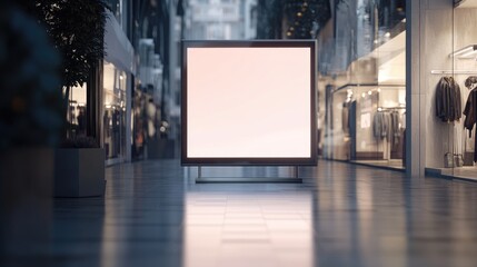 Illuminated empty billboard in a shopping center corridor, ideal for advertising, with a blurred background of a trendy men's fashion store.