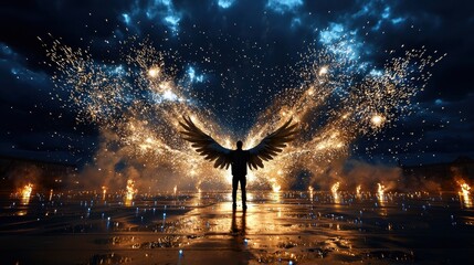 Majestic Winged Silhouette Amid Surreal Celestial Landscape with Ethereal Lights