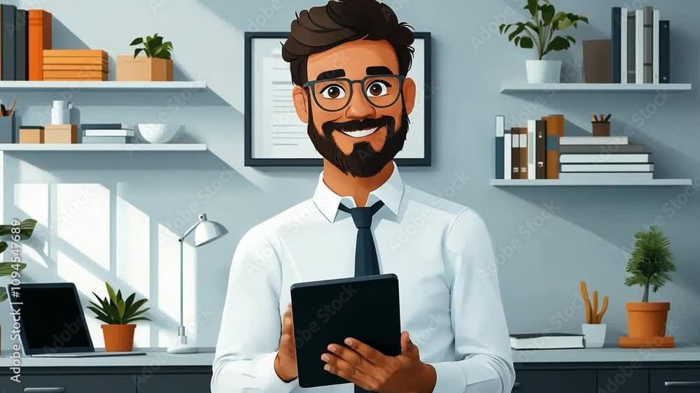 Poster A Business man smiling and holding a tablet in front of a bookshelf