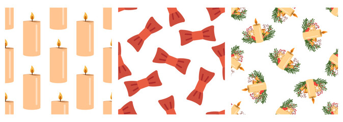 Seamless patterns with candles, bows, and festive greenery